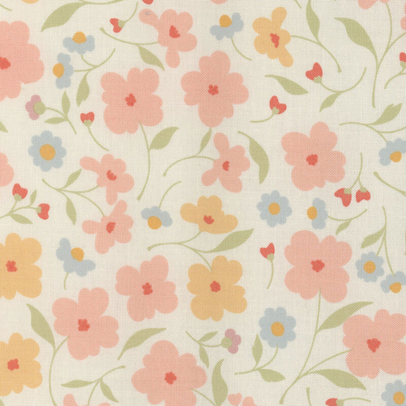 Off white fabric with pink, yellow, and blue florals throughout
