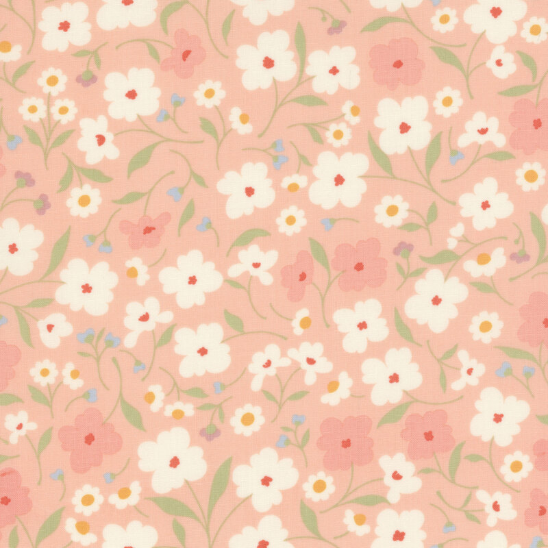 Pink fabric with white, pink, and blue florals throughout