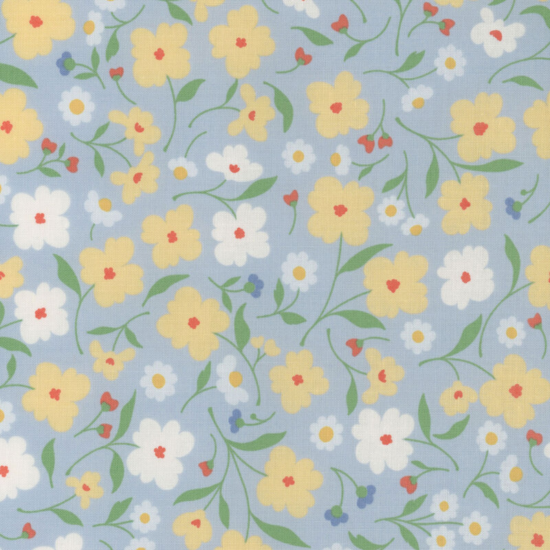 Powder blue fabric with yellow, white, red, and blue florals throughout