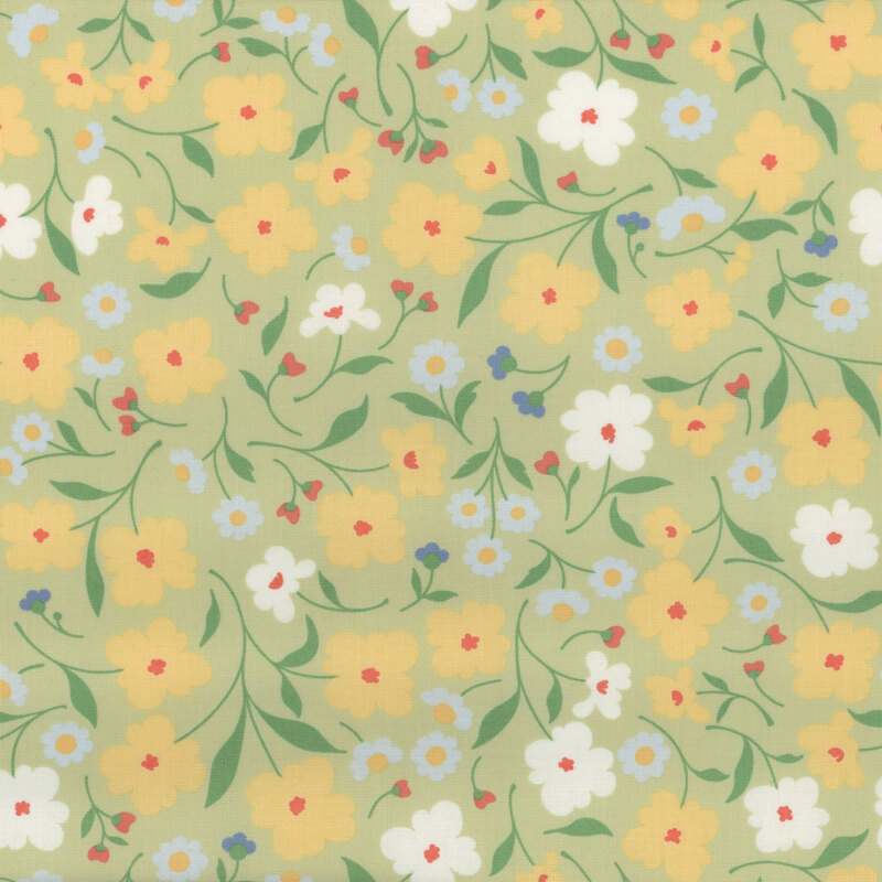Light green fabric with yellow, white, blight blue, and tiny red flowers throughout