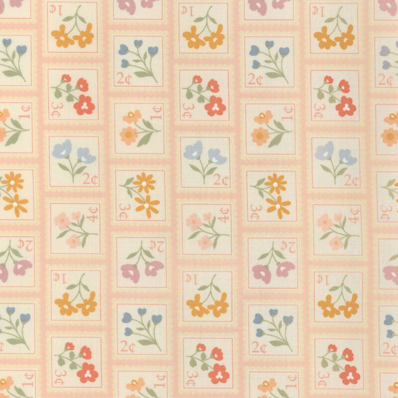 Pink fabric with rows of various stamps each with a different flower and price.