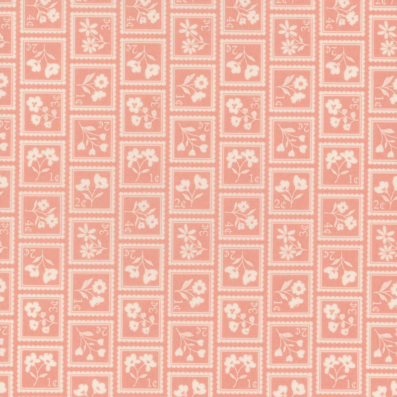 Pink fabric with rows of various stamps each with the outline of different flowers
