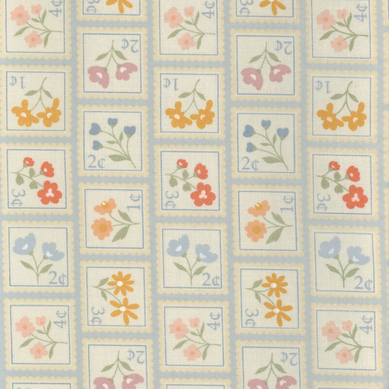 Powder blue fabric with rows of stamps each with a different color and style of flower