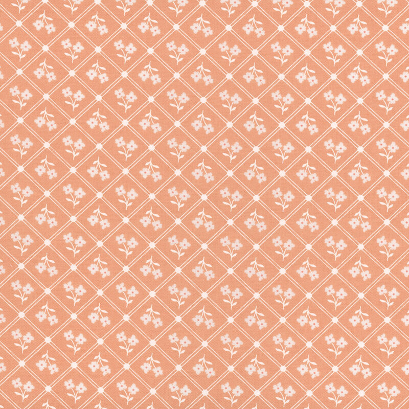 Peach colored fabric with a off white lattice design and silhouettes of florals in each diamond