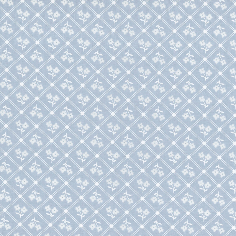 Powder blue fabric with an off white lattice pattern and silhouettes of off white florals in each section of lattice