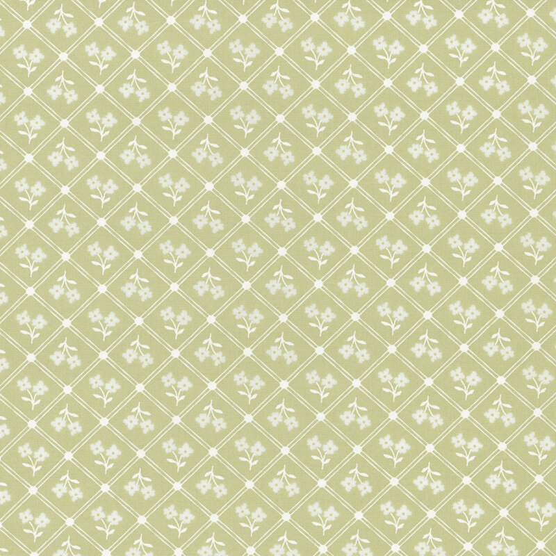 Pale green fabric with an off white lattice pattern and silhouettes of off white florals in each lattice section