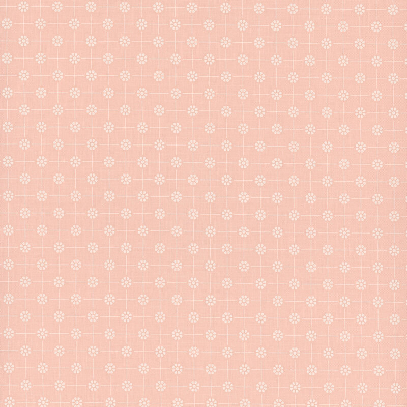 Coral fabric with white dotted florals arranged in a polka dot pattern connected by thin lines