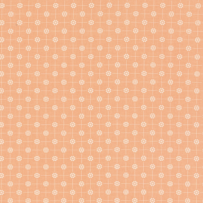 Peach colored fabric with white dotted florals arranged in a polka dot pattern connected by thin lines