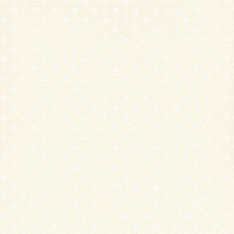 Off white fabric with white dotted florals arranged in a polka dot pattern connected by thin lines