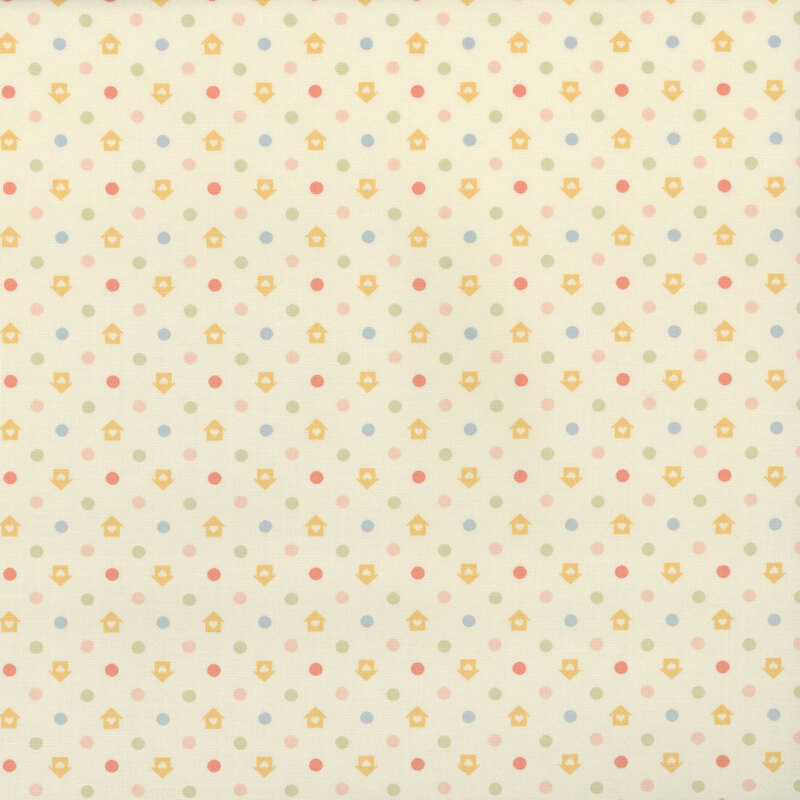 White fabric with a multicolored house and dot pattern