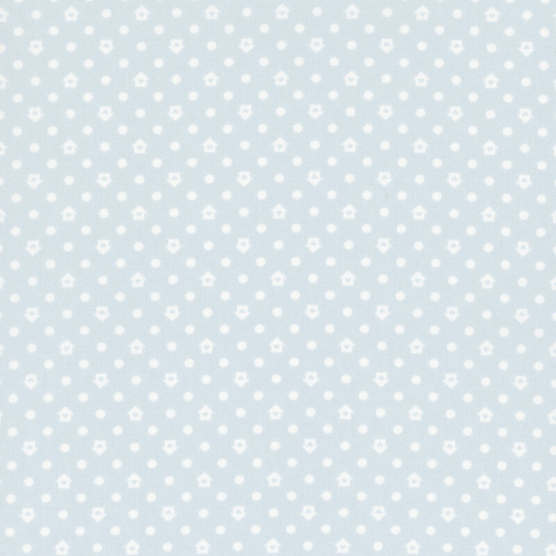 Light blue fabric with a white house and dot pattern