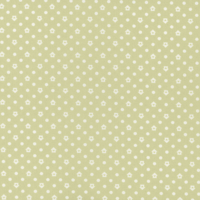 Light green fabric with a house and dot pattern