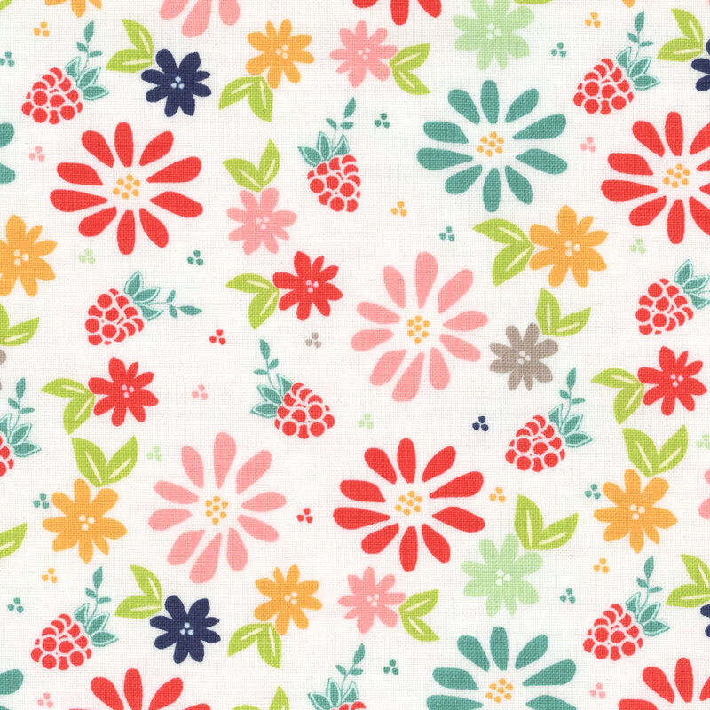 White fabric with scattered brightly colored flowers and raspberries.