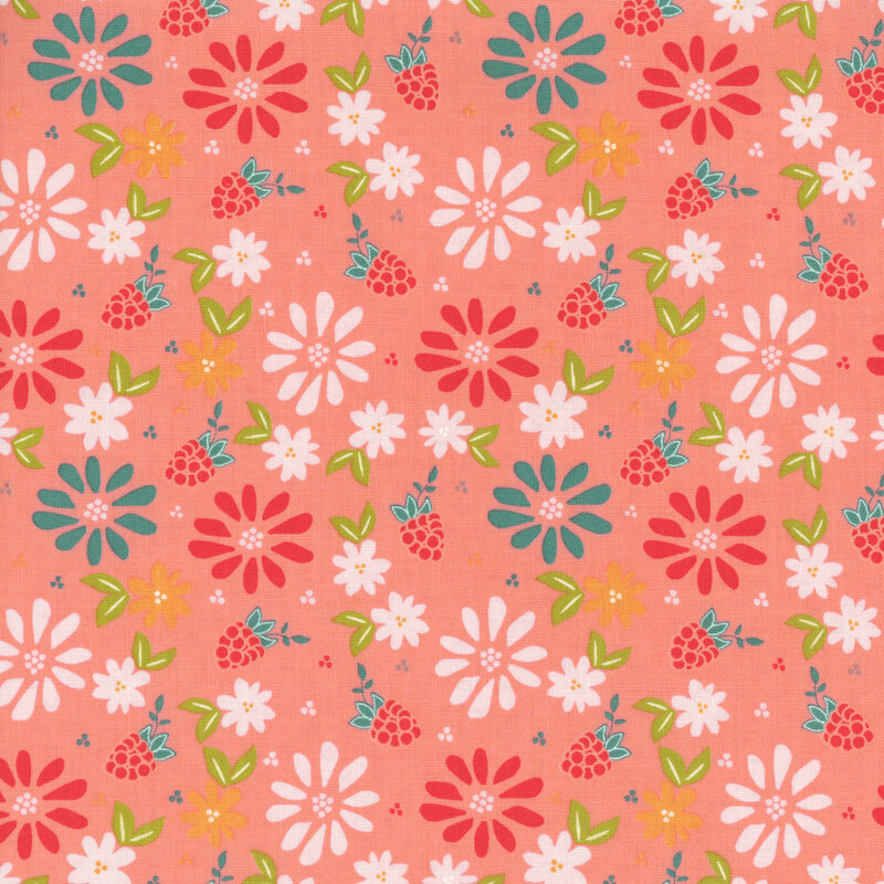 Pink fabric with scattered brightly colored flowers and raspberries.