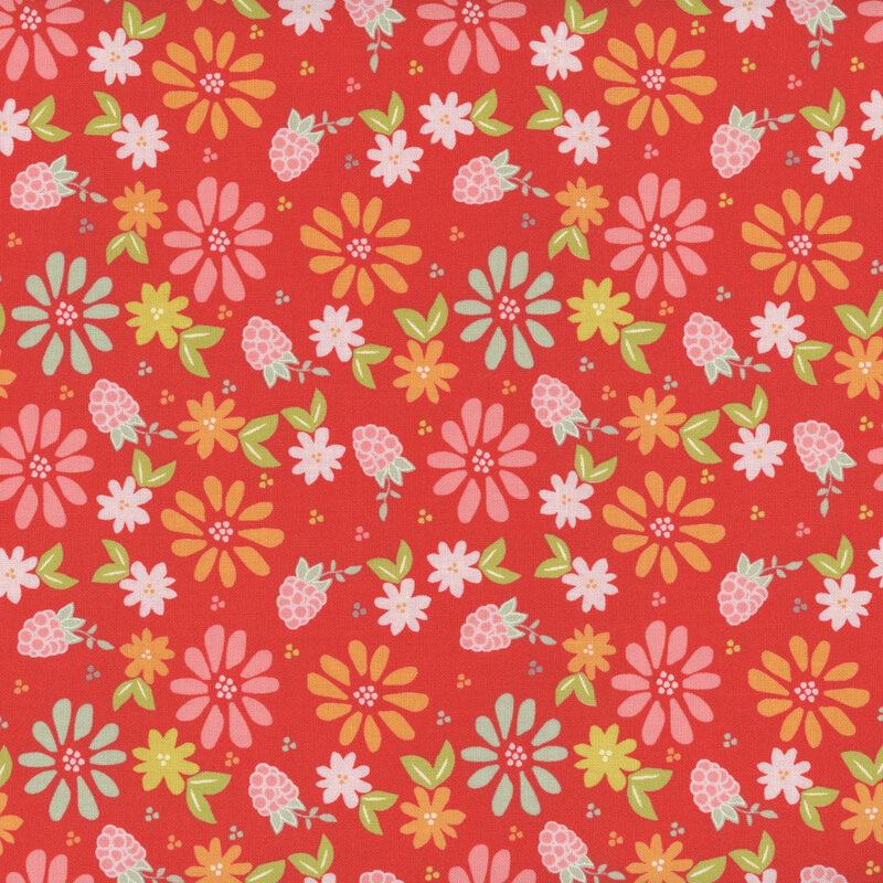 Tangerine red fabric with scattered brightly colored flowers and raspberries.