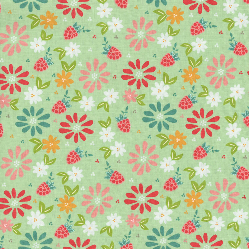 Mint green fabric with scattered brightly colored flowers and raspberries.