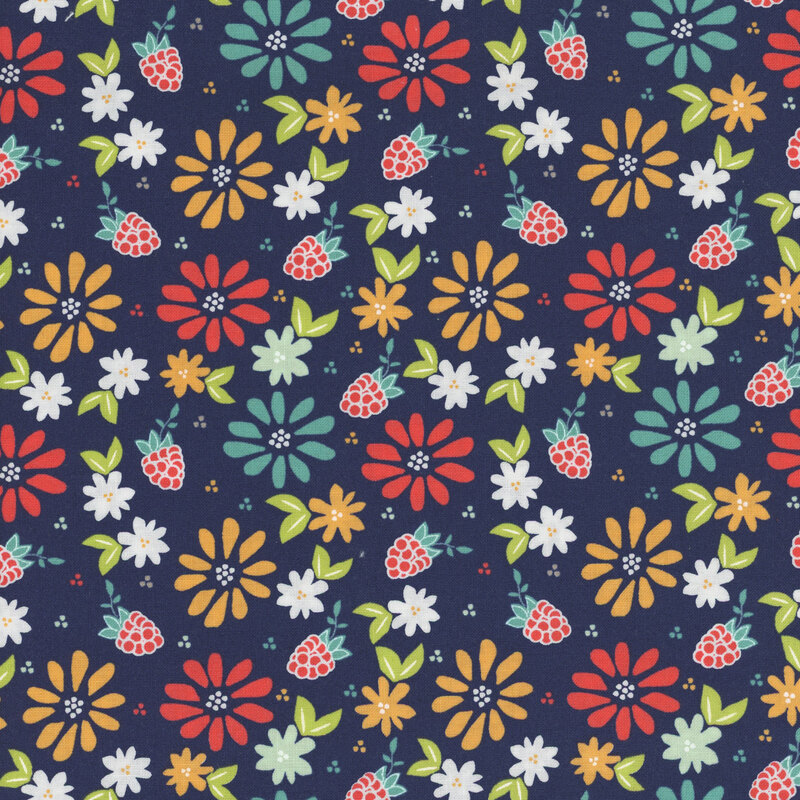 Navy fabric with scattered brightly colored flowers and raspberries.