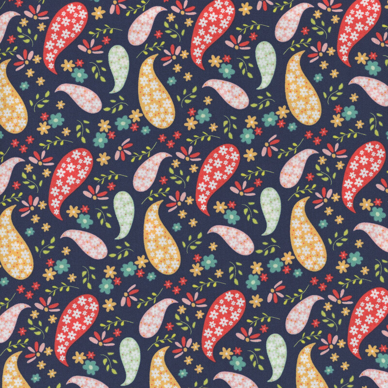 Navy fabric with tossed multicolor paisley designs with small flowers scattered between.