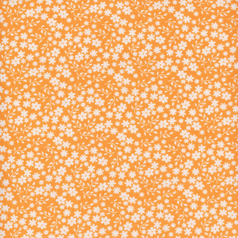 Orange fabric with scattered solid white flowers and branching leaves.
