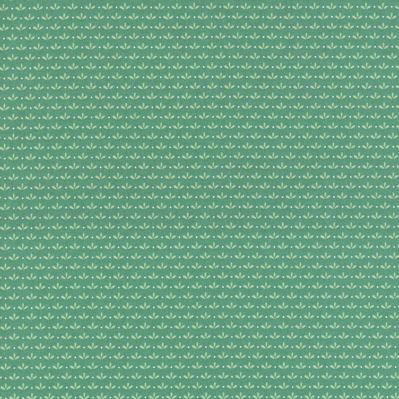 Teal fabric with uniform rows of simplified tonal flower blossoms with tiny polka dots between each.