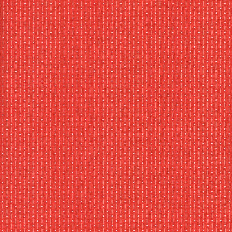 Tangerine red fabric with tonal stripes interspersed with small polka dots, visually similar to a bead curtain.