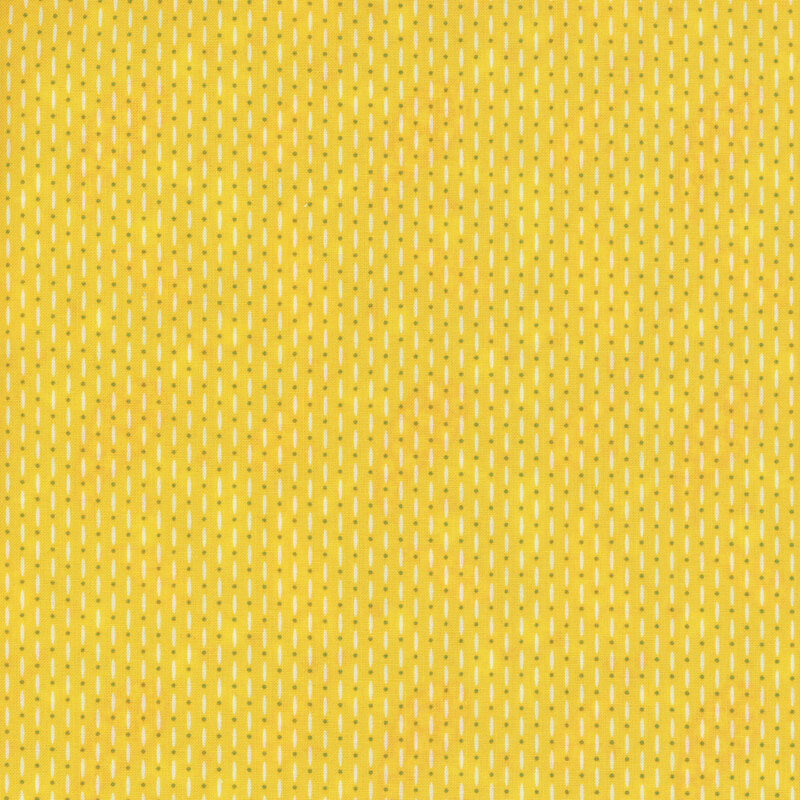 Bright yellow fabric with white stripes interspersed with small polka dots, visually similar to a bead curtain.