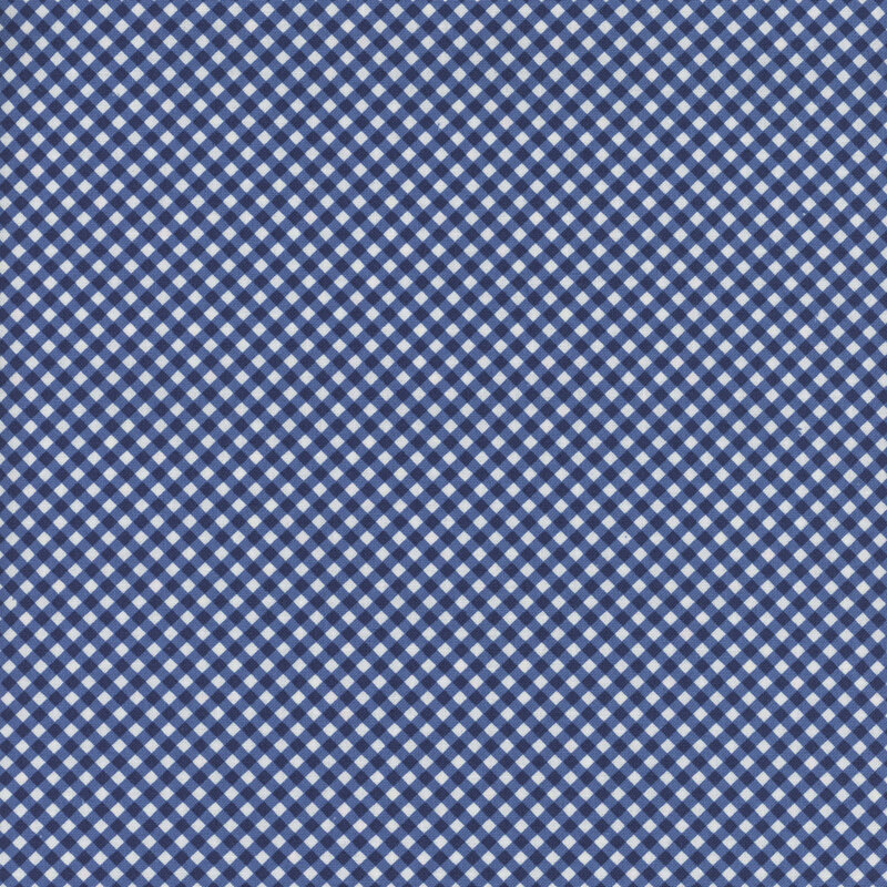 Diagonal navy and white gingham fabric on bias.