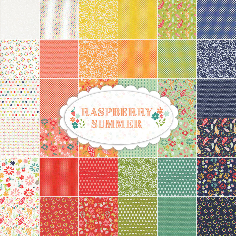 A collage of the fabrics in the Raspberry Summer fabric collection in shades of white, pink, red, yellow, orange, green, and blue.