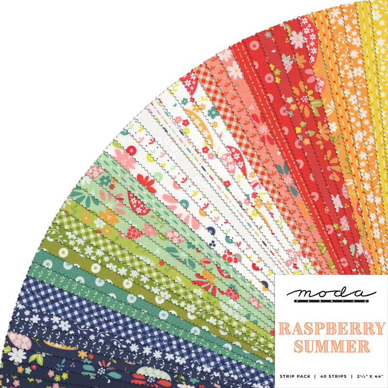 A fanned collage of white, pink, red, yellow, orange, green, and blue floral fabrics with a Moda Fabrics label in the center.