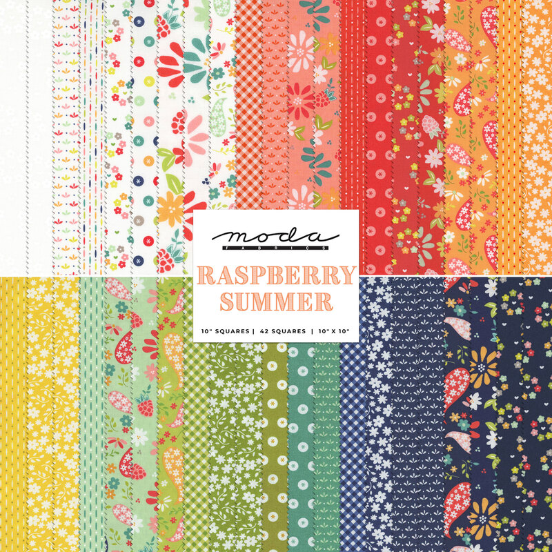 A stacked collage of white, pink, red, yellow, orange, green, and blue floral fabrics with a Moda Fabrics label in the center.