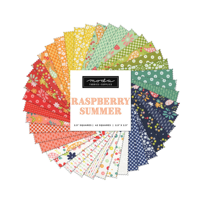 A spiraled collage of white, pink, red, yellow, orange, green, and blue floral fabrics with a Moda Fabrics label in the center.