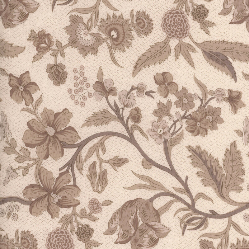 Cream fabric featuring brown sprawling vines with leaves and flowers