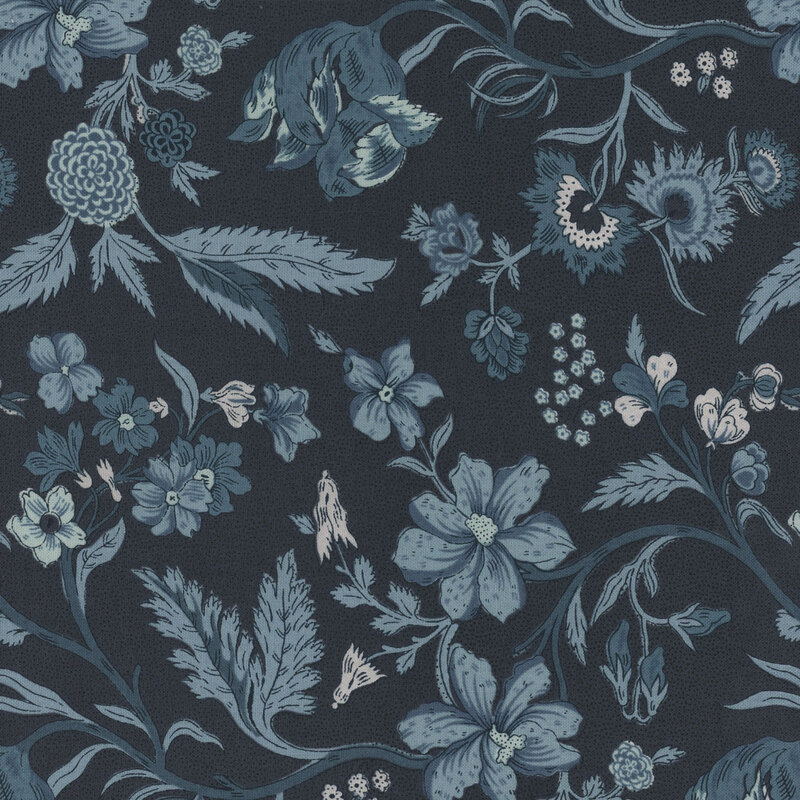 Dark blue fabric featuring sprawling vines with leaves and flowers