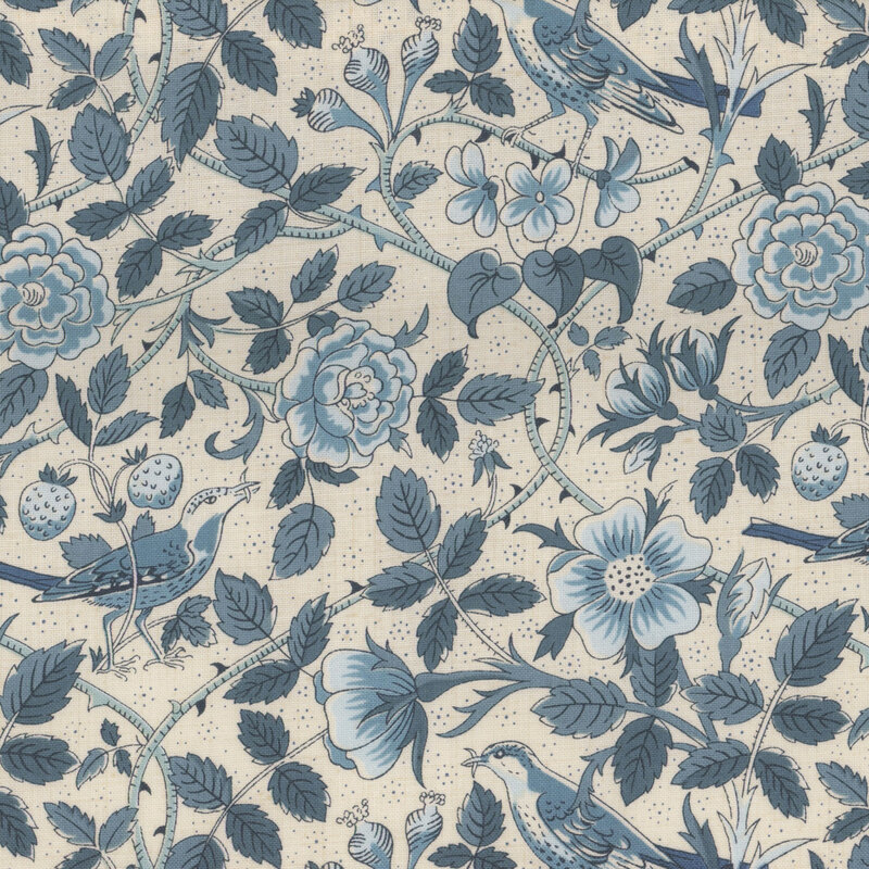 Cream fabric featuring birds amidst the sprawling vines and blooming flowers 
