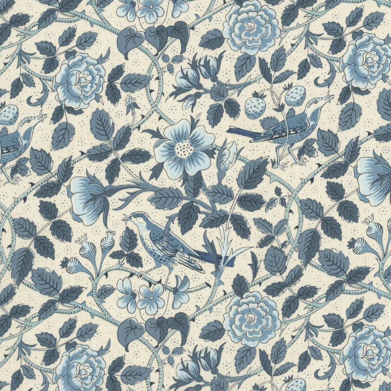 Cream fabric featuring birds amidst the sprawling vines and blooming flowers 