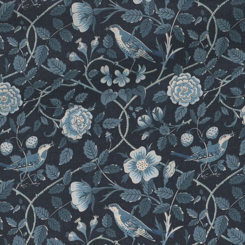 Dark blue fabric featuring birds amidst the sprawling vines and blooming flowers 
