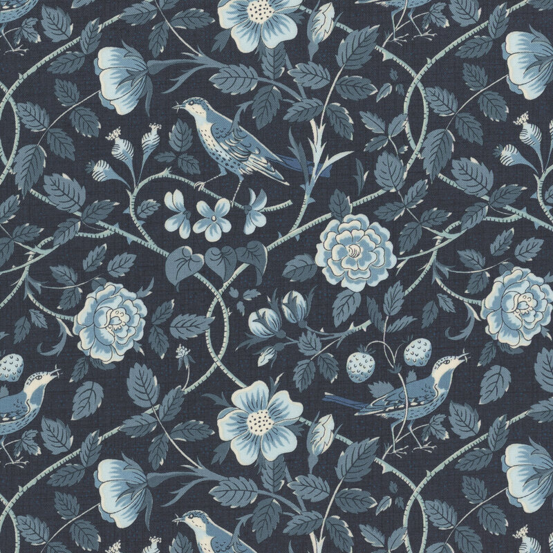 Dark blue fabric featuring birds amidst the sprawling vines and blooming flowers 