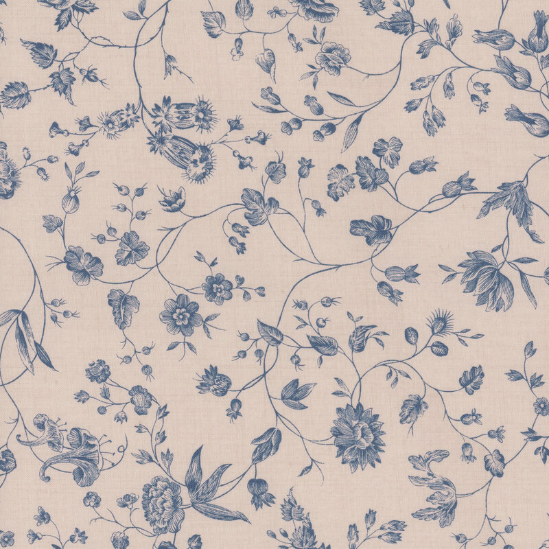 Cream fabric featuring blue delicate vines and flowers