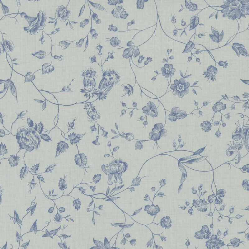 Light blue tonal fabric featuring delicate vines and flowers