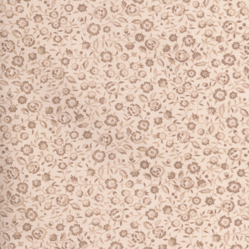 Cream fabric featuring a packed design of brown vines and small florals