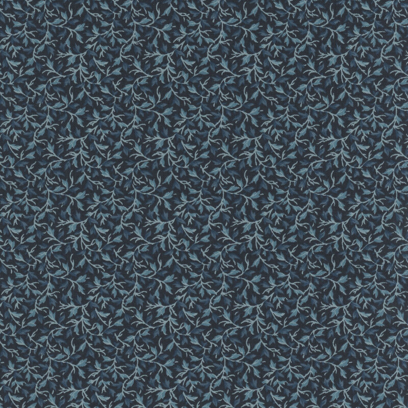 Dark blue tonal fabric packed with leaves and vines