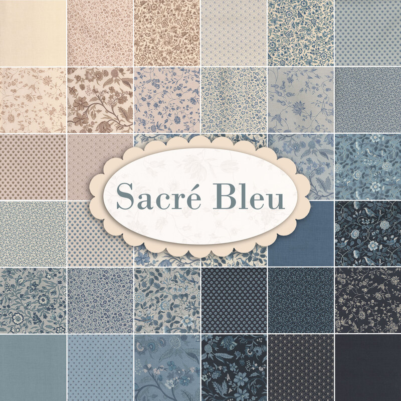 Collage of fabrics in the Sacre Bleu FQ Set in hues of blue and cream