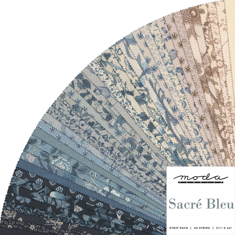 Collage of fabrics in the Sacre Bleu Jelly Roll in hues of blue and cream