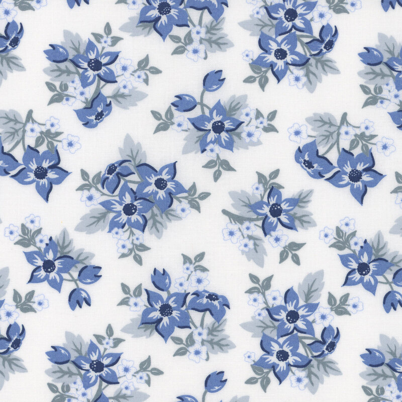 White fabric with a blue floral pattern