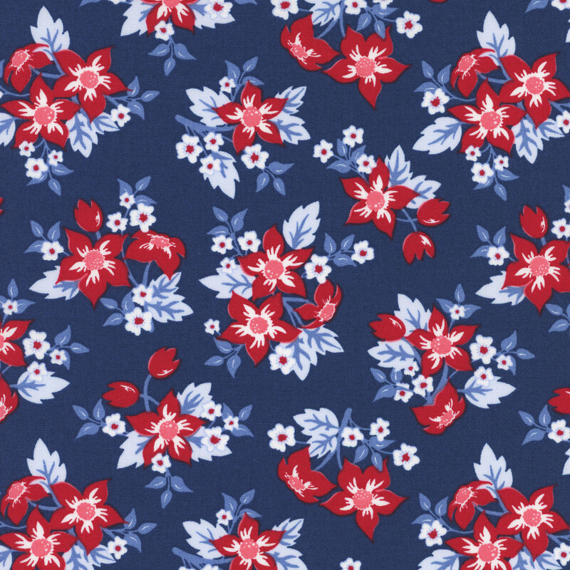 Blue fabric with a multicolored floral pattern