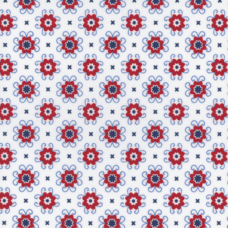 White fabric with patriotic colored flowers