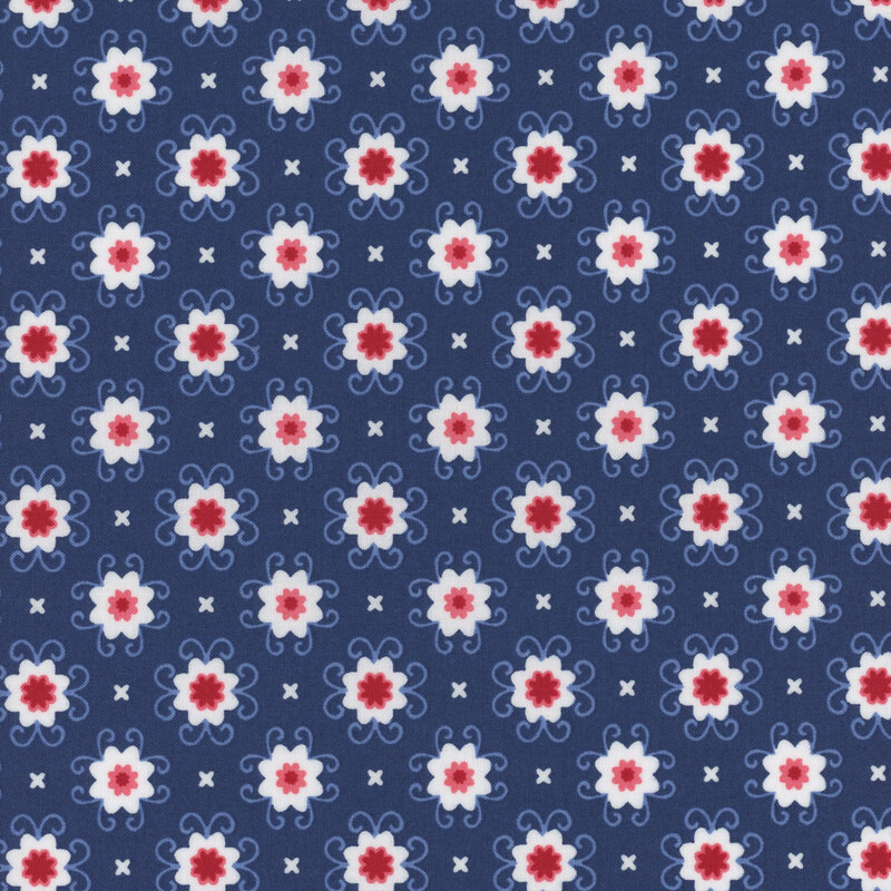 Blue fabric with a patriotic colored floral pattern