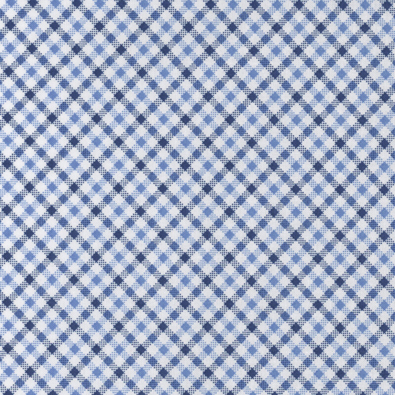 White fabric with a blue and navy gingham pattern