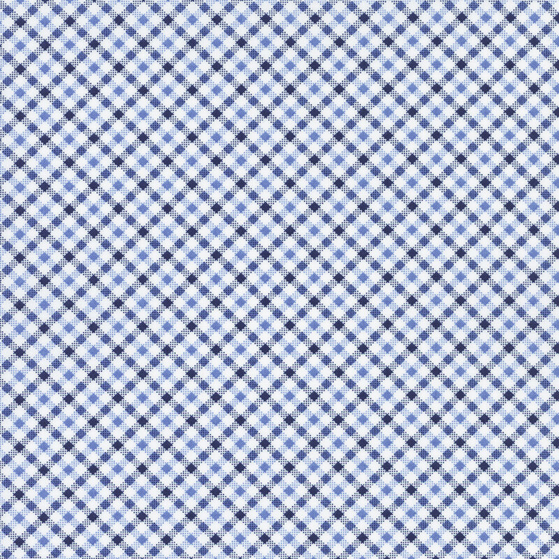 White fabric with a blue and navy gingham pattern