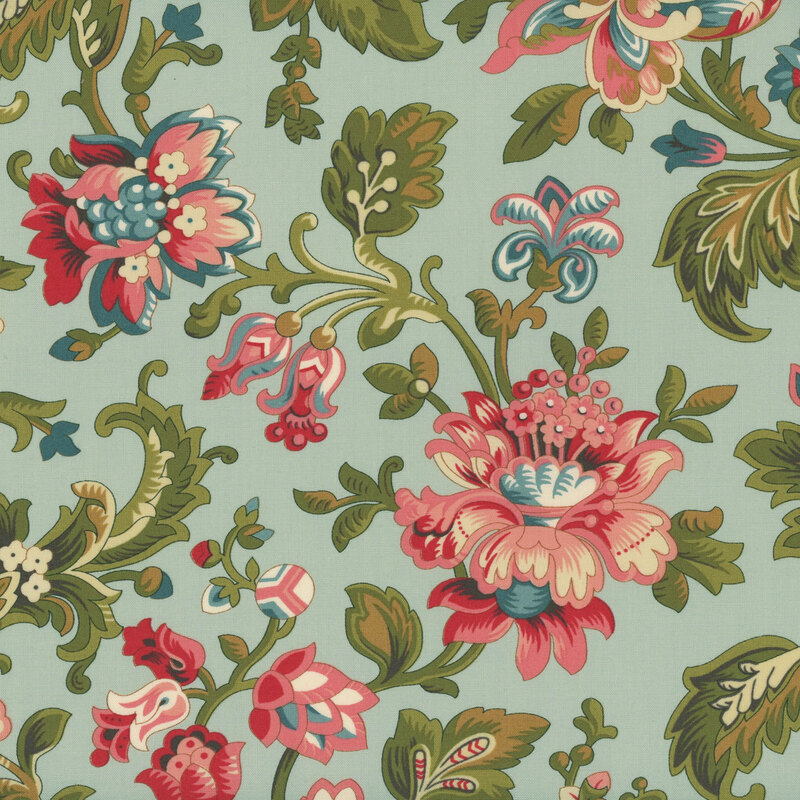 A swatch of muted aqua blue fabric with a vintage floral print in blue, pink, and green.